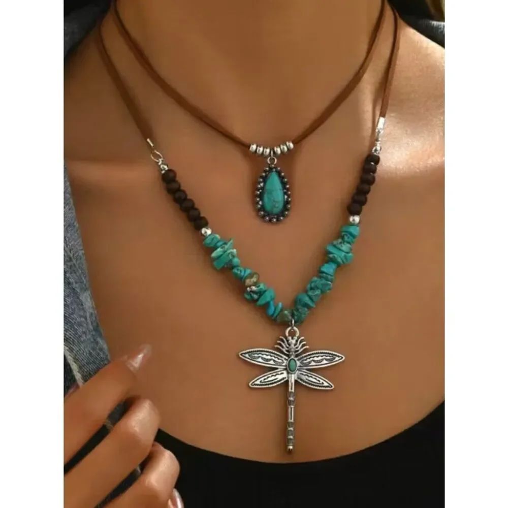 NWT Boho Southwestern Turquoise Dragonfly 2-Piece Adjustable Necklace Set